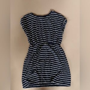 Navy blue and white striped fitted t shirt midi dress with pockets